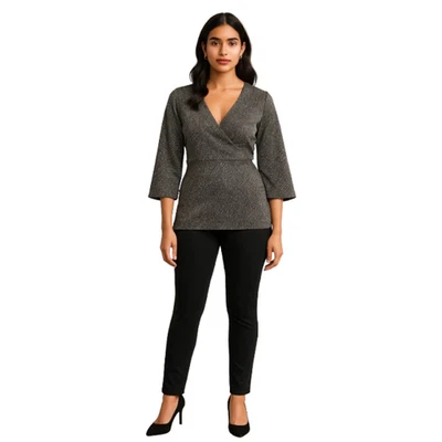 Grace Elements Metallic Knit Top Black Silver 3/4 Sleeve Silk Blend Size S NWT - Image 1 of 4