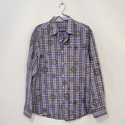 Bugatchi UOMO Button Down Dress Shirt Mens XL Purple Plaid w/ Circles Flip Cuff - Image 1 of 4