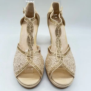 Top Moda Sandal Womens 10 Beige Rhinestone Strappy Lace Sandal NEW - Picture 1 of 9
