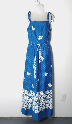 Vtg 60s Malia Blue White Floral Sleeveless Strap Cotton Maxi Long Dress MEDIUM - Image 1 of 4