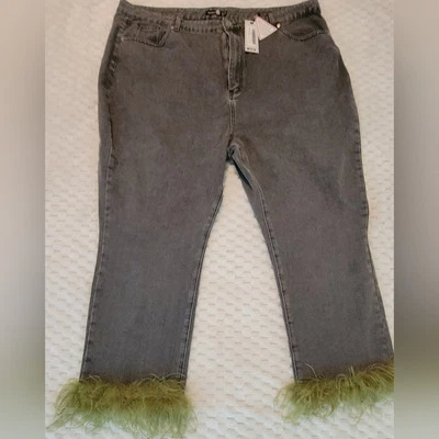 Boohoo Blue Jeans with green fringe - Image 1 of 3