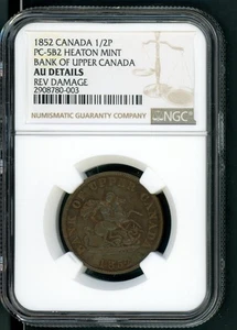 BANK OF UPPER CANADA 1/2 PENNY 1852 PC-5B2 HEATON MINT SLABBED NGC AU DETAI A328 - Picture 1 of 2