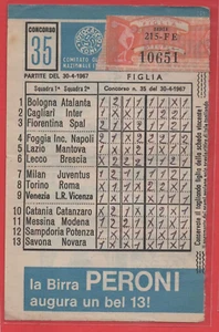SCHEDINA TOTOCALCIO CONI CONCORSO N°35 DEL 30-4-1967 PUBBLICITA' BIRRA PERONI - Imagen 1 de 1