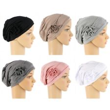 Solid Color Flower Beanie Hat Muslim Women Soft Stretch Wrap Turban Cap Headwear