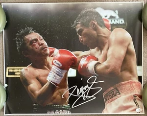 SUPERB MANNY PACQUIAO AUTOGRAPHED 16” x 20” FIERCE ACTION PHOTO V MORALES C.O.A! - Picture 1 of 6