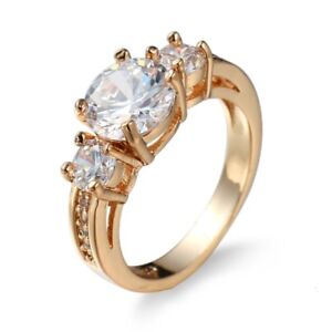 White CZ Round Cut Women's Yellow Gold Filled Engagement Jewelry Ring Size 6-10 