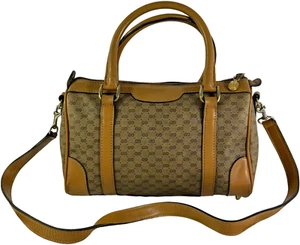 70's GUCCI Beige Canvas Tan Leather Micro GG Monogram Satchel Made in Italy - Picture 1 of 17
