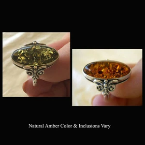 BALTIC GREEN or HONEY AMBER & STERLING SILVER HANDMADE SOLITAIRE RING - Picture 1 of 16