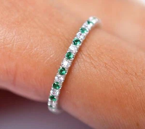 Silver Ring Color Emerald And Diamond Eternity Band Anniversary 925 Lab created - Picture 1 of 5