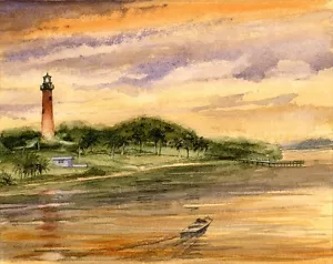 Jupiter Inlet Lighthouse Sunset, Florida. Gerald C. Hill Watercolor Art Prints - Picture 1 of 2