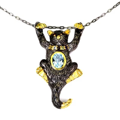 Collar de plata 925 de verano ovalado topacio azul 8x6 mm joyas de piedras preciosas 18,5 pulgadas Foto 1 de 4