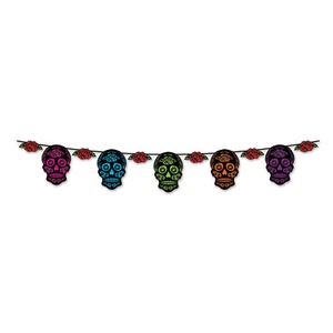 Beistle Sugar Skull Streamer 9" x 12' Strung Pennant Banners, Black Multicolor - Picture 1 of 1