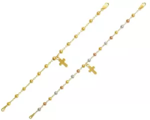 14K Solid Tricolor Yellow Gold 7mm Rosary Beads Rosario Bracelet Men Women - Picture 1 of 6