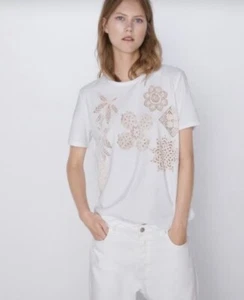 Zara T-Shirt Floral Crochet Designs White Short Sleeve Women’s 100% Cotton Sz M - Picture 1 of 6