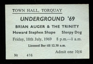 Brian Auger & The Trinity: boleto de concierto original del Reino Unido 1969: Ayuntamiento Torquay - Imagen 1 de 2