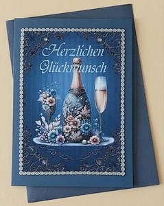 Glückwunsch Karte mit Umschlag Handarbeit Champagnerflasche/Sektglas Grusskarte  - Bild 1 von 22