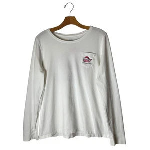 Vineyard Vines Shirt Women Medium White Long Sleeve Christmas Whale Pocket Tee - Picture 1 of 9