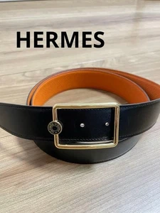 Hermes Wendegürtel Leder schwarz orange goldene Schnalle gebraucht 43 Zoll - Bild 1 von 13