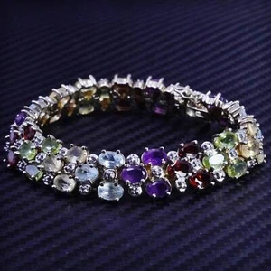 6.5”, vermeil yellow gold sterling silver 925 tennis bracelet amethyst peridot - Picture 1 of 6