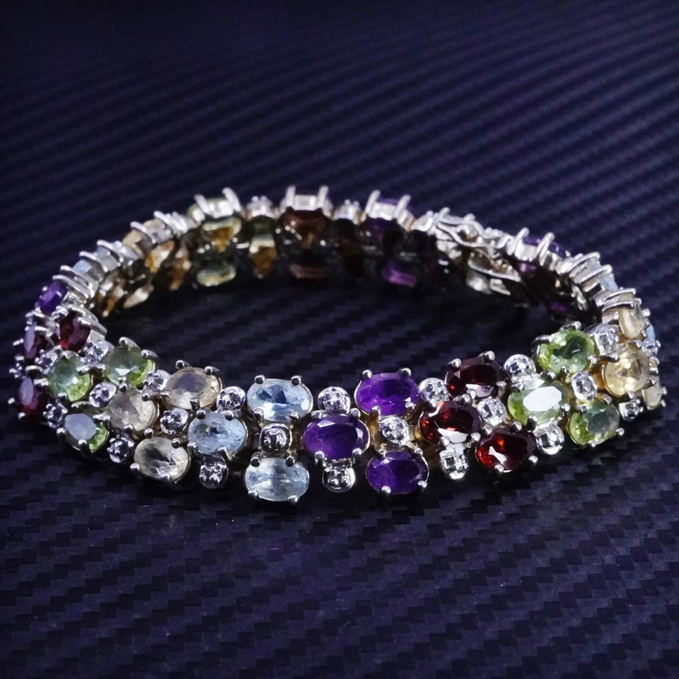 6.5”, vermeil yellow gold sterling silver 925 tennis bracelet amethyst peridot - Image 1 of 4