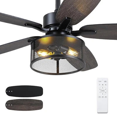 Farmhouse Ceiling Fan with Light and Remote,48" Black Industrial Caged Flush Mou - Image 1 of 4