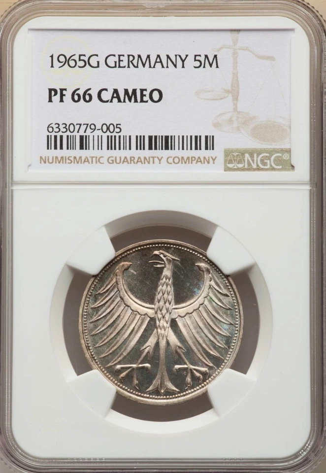 GERMANY , PROOF 5 MARKS 1965 G  - NGC PF 66 CAMEO ( H ) , RARE - Image 1 of 2
