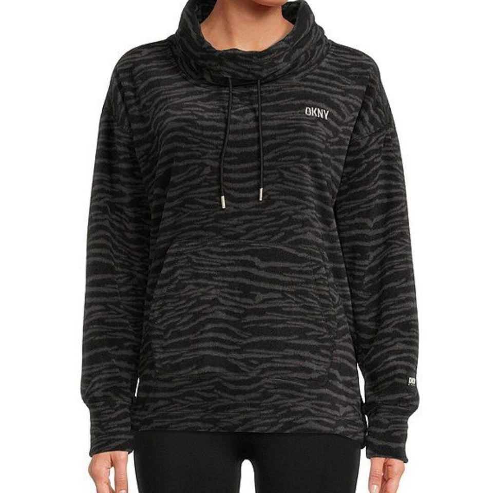 DKNY women fleece sweatshirt Animal Print Large Logo Black Gray Sweater - Image 1 of 4