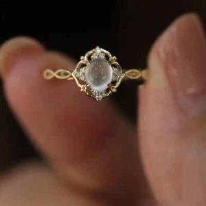 14K Gold Plated Ring,Natural Moonstone Cats Eyes,Women Luxury Geometric Jewelry - Picture 1 of 7