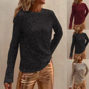 Womens Solid Pullover Round Neck Long Sleeve T-shirts Ladies Sequin Wedding Tops - Picture 1 of 20