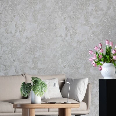 Gray brass metallic distressed pearl plaster textured Victorian damask Wallpaper - Image 1 of 4