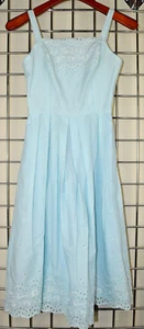 Sundress VTG 50s Powder Blue White Rose Eyelet Trim Fitted Bodice Lined S/M - Picture 1 of 12