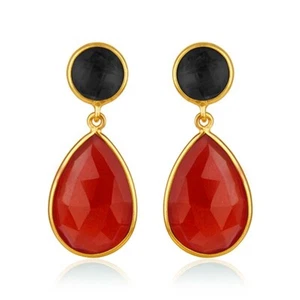 Corundum & Red Onyx Yellow Gold Plated Double Stone Dangle Earrings Gift For Her - Picture 1 of 6