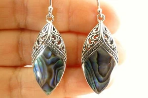 Green Paua Abalone Shell Ornate 925 Sterling Silver Dangle Hook Earrings - Picture 1 of 4