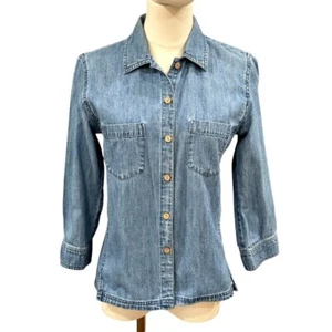 J Jill Denim Chambray Shirt Size 4 Button Up 3/4 Sleeve Cotton Preppy Minimalist - Picture 1 of 7