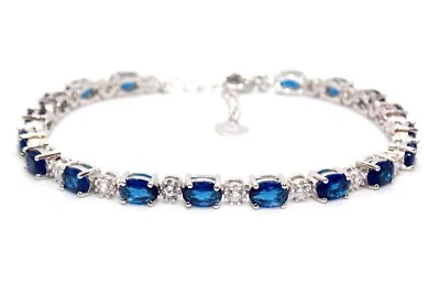 Brazalete Tenis Ajustable Plata Azul Zafiro y Diamante 7.86ct (Caja Gratis) Foto 1 de 4