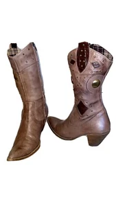 Vera Gomma Brown Leather Studded Pointed Toe Mid Calf Boots Wmn. EUR 38.5 US 8 - Picture 1 of 10