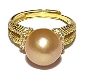 Solitaire 9.5 - 10mm Peach Pink Gold Round Edison Cultured Pearl Ring Size 6 - 7
