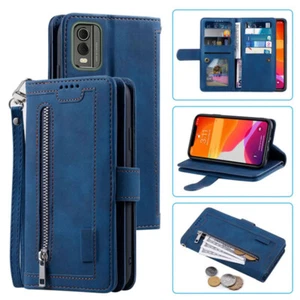 Nokia C32 Wallet Case,Leather Zipper Magnetic Flip Card Phone Case For Nokia C32 - Picture 1 of 26
