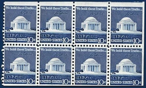 Scott Stamp # 1510c, (10c) JEFFERSON MEMORIAL, Miss-Cut Pane of 8 MNH OG - Picture 1 of 2