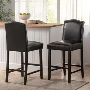 Set of 2, 26.25" Upholstered Counter Height Barstools with Nailhead Trim, PU - Picture 1 of 17