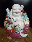SIGNED LARGE CHINESE FAMILLE ROSE HAPPY BUDDHA STATUE W/KIDS BOYS GOOD LUCK