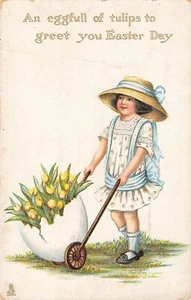 Easter Tuck Saxony Child Girl in Easter Dress Pushing Egg Shaped Basket Flowers - Picture 1 of 2
