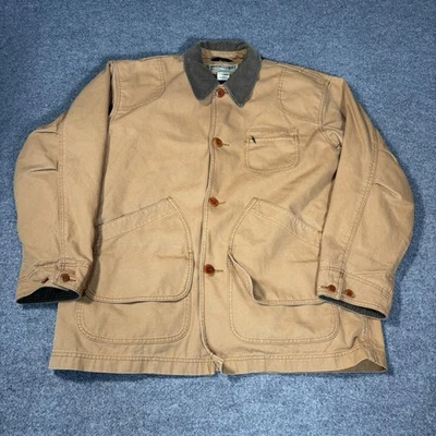 LL Bean Chore Coat Mens Large Barn Jacket Flannel Lined Khaki Corduroy Trim - Image 1 of 4