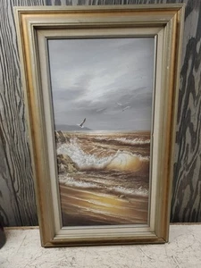 Óleo sobre lienzo enmarcado 17,5x29,5 Tormentosas Tormentosas Gaviotas Costa Rocosa Océano Naturaleza - Imagen 1 de 8