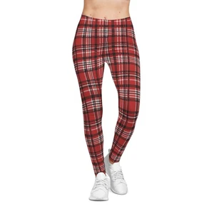 Red & White Plaid Women's Casual Leggings, Christmas Red Leggings, Holiday Fall - Picture 1 of 7