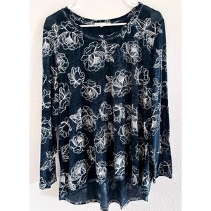 C&C California Top Women 1X Blue Floral Burnout Long Sleeve Beach Resort Stretch - Picture 1 of 4