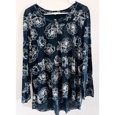 C&C California Top Women 1X Blue Floral Burnout Long Sleeve Beach Resort Stretch - Image 1 of 4