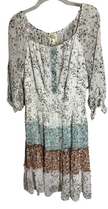 FIG & FLOWER Boho Dress L Cream Green Brown Floral Puffy 3/4 Sleeve Tier Ruffle - Picture 1 of 5