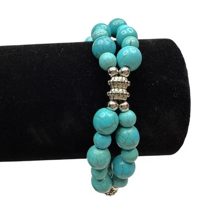 Turquoise Cold Stone Bead Double Strand Bracelet Silver Accent Jewelry Wrist 7.5 - Image 1 of 4