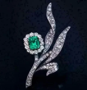 2.50Ct Emerald Cut Lab-Created Emerald Brooch Pin 14K White Gold Plated - Picture 1 of 5